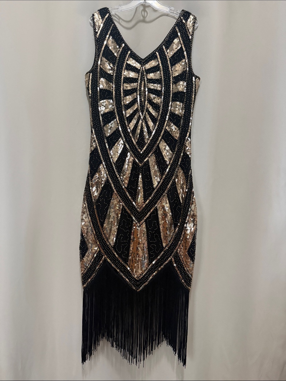 Black & Gold Sequin Fringe Sheath Dress